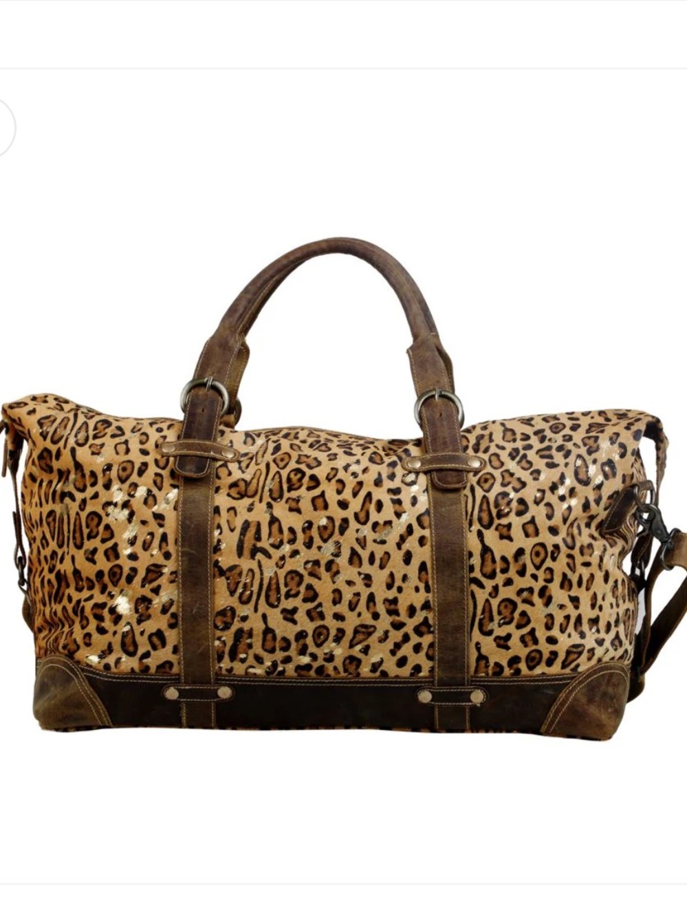 Myra Leopard Print Leather Travel Duffel Bag - Brown Gold Black - Picture 4 of 5